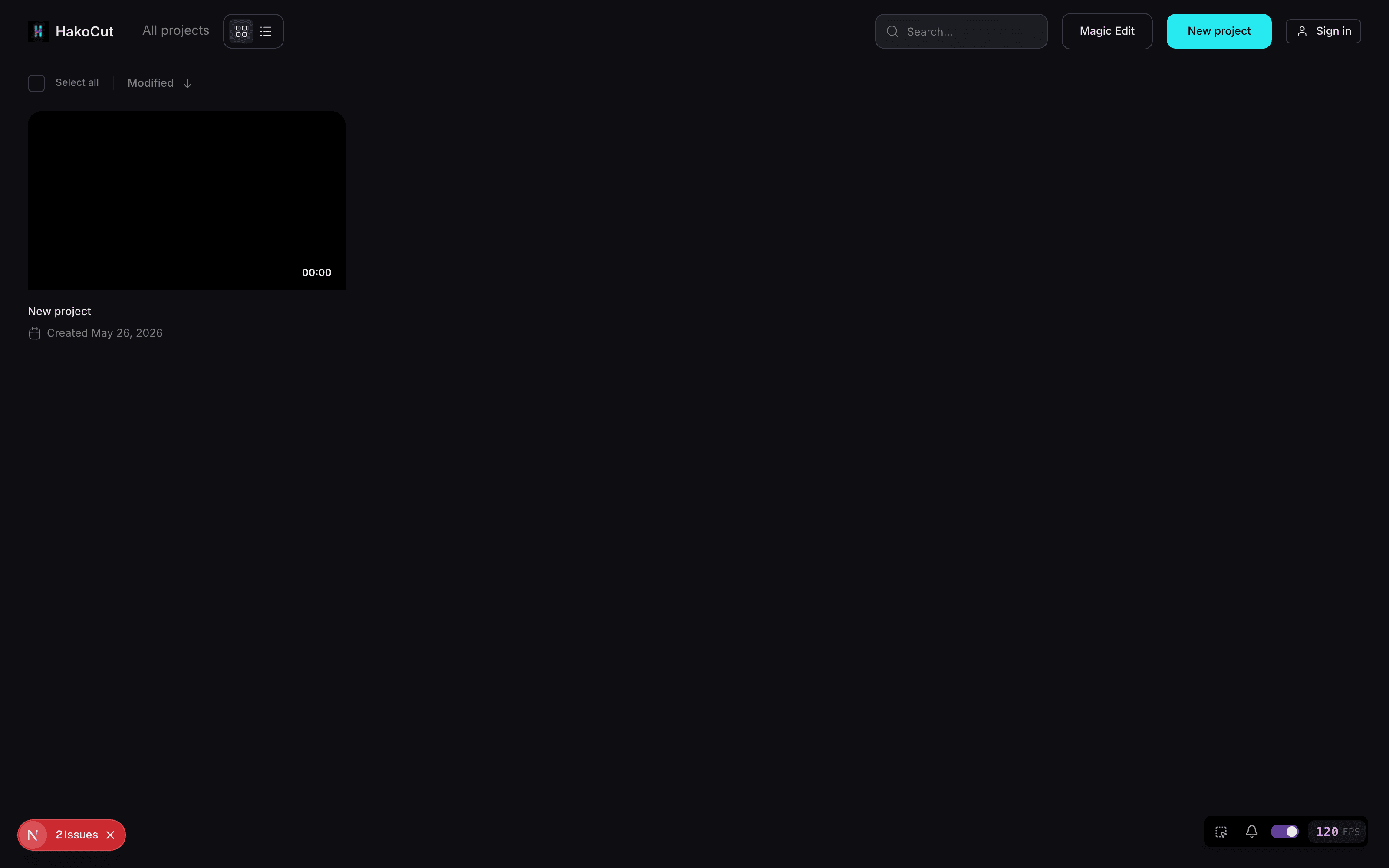 HakoCut on macOS — project browser with recent edits